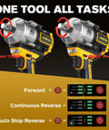 Cordless 20V Impact Wrench Compatible With DeWalt Battery 1500 Nm Breakaway Torque Brushless Half Inch Gun features forward and reverse modes.