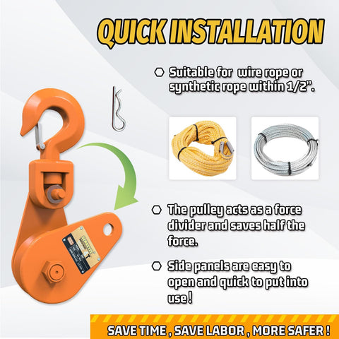 Orange 4 Ton Snatch Block with Hook and 4.5 Inch Sheave for Half Inch Wire Rope, Quick Installation Guide