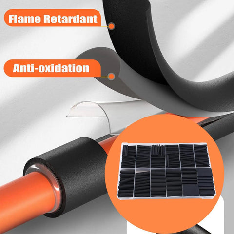 Awesome 800 Pc Heat Shrink Tubing Kit With Super Fast 3:1 Ratios Adhesive Lined Marine Grade Wraps That Seal Tight For Any Industrial Jobsite Or DIY Electrical Fixins Without Getting Burned, black shrink tubing on orange wire