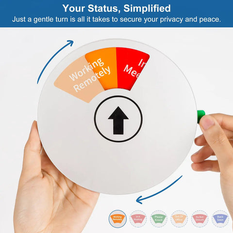 Person holding Rotating 6 In 1 Privacy Door Sign For Office And Home Keeps Interruptions In Check with status options visible.
