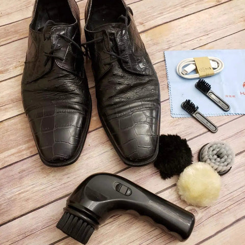 Advanced Electric Shoe Cleaner And High Torque Polisher Brush featuring portable USB recharge with leather shoes and brush heads.