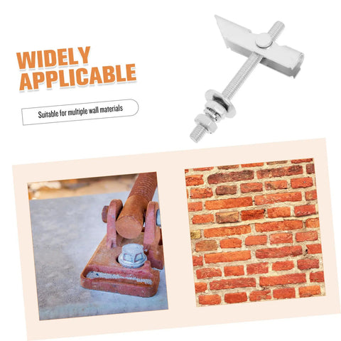 Heavy Duty Toggle Bolt Installation Kit with Adjustable Clamping for drywall and hollow walls, showing wing nut and brick use.