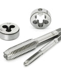 Axelord 40-piece metric tap and die set; close-up of two dies and two taps