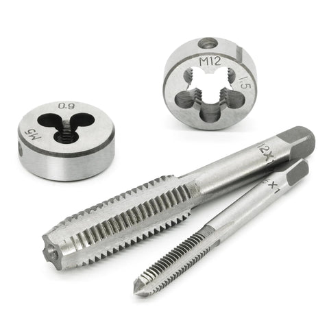 Axelord 40-piece metric tap and die set; close-up of two dies and two taps