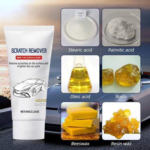 Scratch Remover For Cars Quick Fix Kit With Nano Sparkle Cloth 60g tube, ingredients diagram including stearic acid, beeswax.