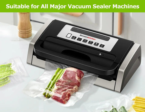Pro Grade Vacuum Sealer Bags Set For Quick Meal Prep And Sous Vide, 150 Count sealing meat and asparagus in kitchen