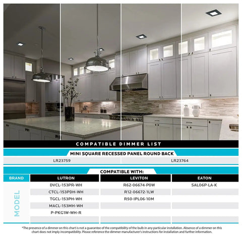 Kitchen with 6 Inch Square LED Recessed Light Canless Dimmable Downlight With 5 Color Temperatures From 2700K To 5000K