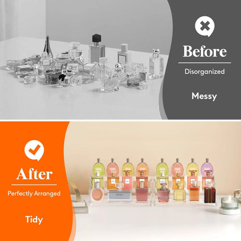 Before and after using Clear 12 Inch Three Tier Cupcake Stand Display Riser Organizer With Tool Free Assembly for organizing perfumes.