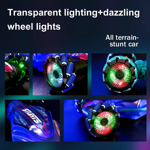 Remote control car by Amazon: Mucdcnhk 360° rotating 4WD stunt car with LED wheel lights, blue.