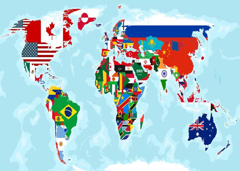 5x3ft Fabric World Map Backdrop With Flags For Parties And Classrooms, colorful map design with country flags displayed across continents.