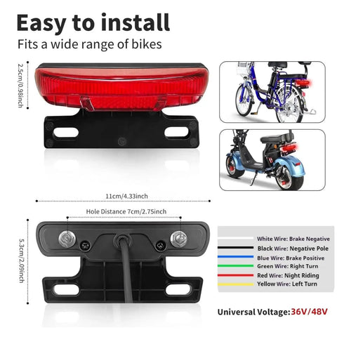 Rear Tail Light For Electric Bikes, 36V To 48V Ebike Brake Signal, Ultra Bright Be Seen Night Riding Lamp dimensions and installation guide