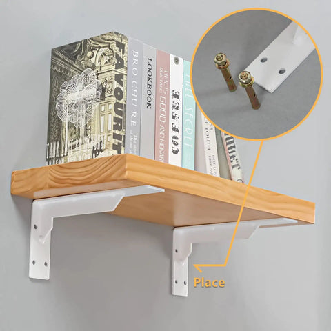Beefy Rustic Shelf Brackets 10 Inch By 6 Inch, 347 Lb Max Load, 5 mm Thick Iron, with wooden shelf and books