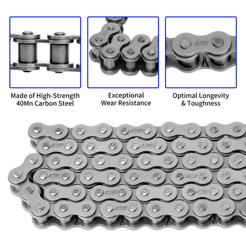 428H Motorcycle Chain 114 Links With Chain Breaker And Five Free Master Links, durable steel construction close-up