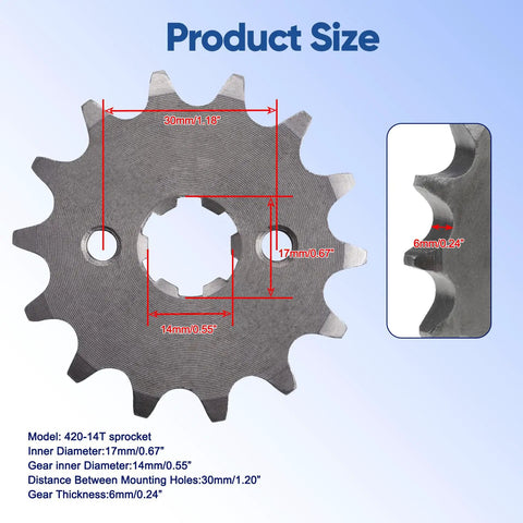 Front Engine Sprocket 420 14T 17mm Bore For 50cc To 160cc Dirt Bikes showing dimensions and gear measurements