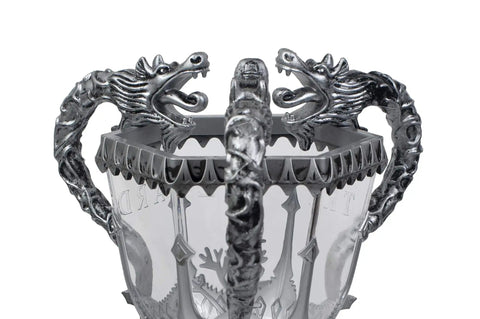 Close-up of Triwizard Cup Replica Mood Light LED Lamp Battery Powered 13 Inch Tall Silver Decor For Wizarding World Fans.