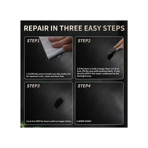 Leather And Vinyl Repair Gel Kit For Cars Couches Jackets And Furniture Quick Fix For Scratches Tears And Discoloration Red Color Match Smooth Seamless Finish With Strong Adhesive And Easy DIY Application shown in repair steps.
