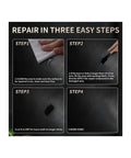 Instruction steps showing how to use the Leather And Vinyl Repair Gel Kit For Cars, Couches, Jackets, And Furniture on gray surfaces.