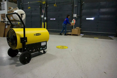 Portable Electric Salamander Heater 45kW 480V 3Phase With Thermostat and Forced Air in a warehouse environment.