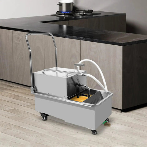 Heavy Duty Commercial Fryer Oil Filter Machine With Cart 55L Stainless Steel Storage Tank 550W Motor in modern kitchen.