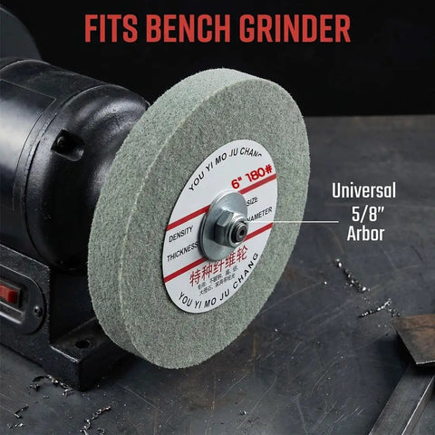 Durable Nylon Fiber Buffing Wheel Set 6 Inch By 1 Inch With Five Eighth Inch Arbor For Bench Grinder Or Drill Aluminum Buffing Wheels 180 Grit Polishing Discs 9 Pack mounted on bench grinder