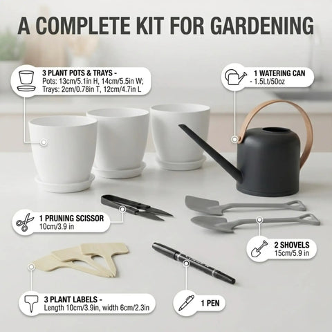 Awesome Indoor Garden Kit With Drainage Pots Watering Can And Tools Ideal Windowsill Planter Set For Fresh Herbs And Microgreens White Modern Home Decor Gift For Kitchen Or Balcony showing components.
