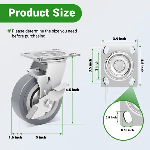 Front view of Nefish 5-inch heavy-duty caster wheel with brake; swivel plate, 3500 lb rating, set of 4.