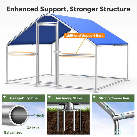 Heavy Duty Hexagonal PVC Coated Chicken Coop With Walk In Run Pen for the Yard featuring support bars and blue weatherproof cover.