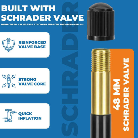 1 Pack 700x35C To 700x43C Bike Inner Tube With 48mm Schrader Valve Durable Butyl Rubber Reliable Tube For Road Hybrid And Gravel Bikes On 28 Inch Wheels, close-up of reinforced valve base and core