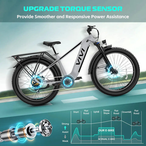 ACE01 Electric Fat Tire Mountain Bike For Adults With emphasis on torque sensor and power assistance features.