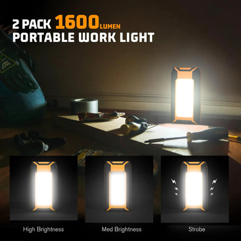 Two Pack 40W 1600LM LED Work Lights Beefy Bright With Rechargeable Battery Magnetic Flood Lights showcasing brightness modes
