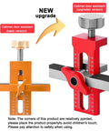 Comparison of basic and upgraded Go-To 2-In-1 Cabinet Door Installation Jig, showing orange and red versions with positioner.