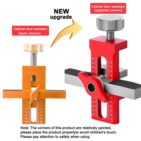 Comparison of basic and upgraded Go-To 2-In-1 Cabinet Door Installation Jig, showing orange and red versions with positioner.