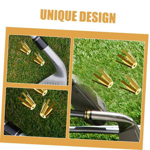 Set Of Five Premium Brass Golf Shaft Adapter Shims And Universal Shaft Spacers for Adjustable Iron Wedge Extensions on grass.