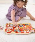 Child playing with Farm Animals Jumbo Knob Puzzle For Toddlers Wooden Peg Puzzle For Early Learning Shape Recognition And Fine Motor Skills Cow Pig Horse On Colorful Barnyard Scene Kid Friendly Educational Toy For Ages 1 And Up on a white carpet