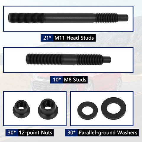 Built Tough Cylinder Head Stud Bolt Kit Featuring 12 Point Design For Chevy Ls1 Ls3 Ls6 4.8l 5.3l 5.7l 6.0l Engines showing head studs and nuts.
