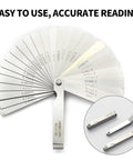 Front view of stainless steel feeler gauge set with dual metric/imperial blades; 32/26 blades plus 16-blade offset gauge.