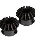 Two bevel gear wheels made from 45 steel with 16 teeth, 1.5 module, 10mm bore, suitable for precision machinery, shown side by side
