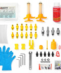 All In One Hydraulic Disc Brake Bleed Kit For Shimano, SRAM, Avid, Magura, Tektro, Hayes And More displayed with components and mineral oil.