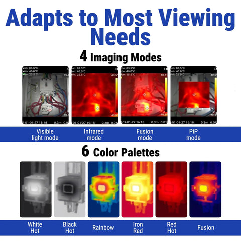 Thermal Imaging Camera With 240x240 Super Resolution From 96x96 IR, 25Hz Refresh, AI Sharpening, -4F To 1022F Temperature Range, IP54 Weatherproof, 6 Color Palettes, 2000mAh Battery For Real Heat Scans showing 4 imaging modes