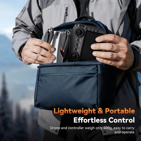 Person placing Dope Camera Drone With 4.5 Inch LCD Remote Screen into a blue backpack, showcasing portability.
