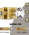 Square Glass Diamond Knob Set With Lock For Bedroom And Bathroom Privacy, Satin Brass Gold Finish Door Handles, adjustable latch shown