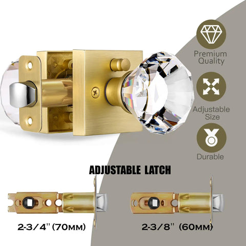 Square Glass Diamond Knob Set With Lock For Bedroom And Bathroom Privacy, Satin Brass Gold Finish Door Handles, adjustable latch shown