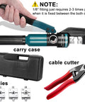 Hydraulic Crimping Tool And Cable Cutter For Stainless Steel Cable Railing Hardware Pro Grade 1 8th To 3 16th Inch DC02 Battery Crimp Tool shown with dies, case, and cable cutter.
