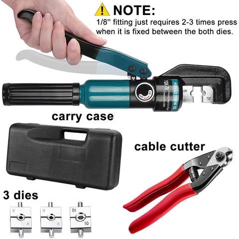 Hydraulic Crimping Tool And Cable Cutter For Stainless Steel Cable Railing Hardware Pro Grade 1 8th To 3 16th Inch DC02 Battery Crimp Tool shown with dies, case, and cable cutter.