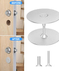 Super Easy DIY Friendly Door Hole Cover Plate Kit, 2-5/8 Inch Round Silver Hole Filler shown before and after installation on door
