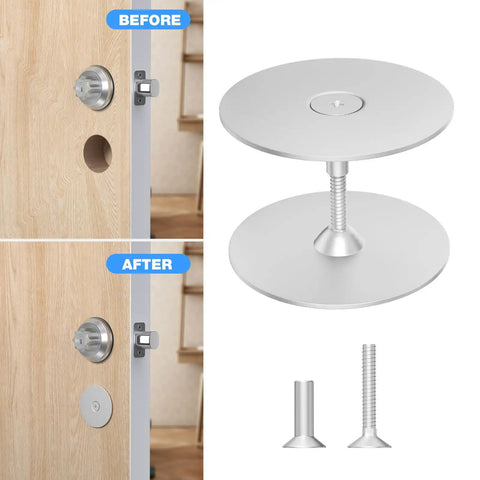 Super Easy DIY Friendly Door Hole Cover Plate Kit, 2-5/8 Inch Round Silver Hole Filler shown before and after installation on door