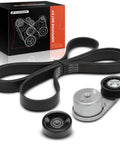 Beefed-Up Engine Serpentine Drive Belt Kit With Tensioner And Idler Pulley For Ford Explorer 2002-2005 And Mercury Mountaineer 2003-2005 4.0L V6 Includes All-In-One Belt System For Easy Install And Reliable Performance shown with packaging