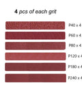 Three Eighths By Thirteen Inch Aluminum Oxide Sanding Belts Twenty Four Pack With Four Belts Each Of Assorted Grits 40 60 80 120 180 240 For Air Belt Sander Heavy Duty Open Coat Polyester Backing Long Lasting Sanding Performance showing six grits