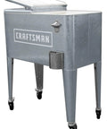 Craftsman 60-Quart Galvanized Cooler with Wheels for Outdoor Patio Porch Tailgates and Worksites, open lid, silver finish