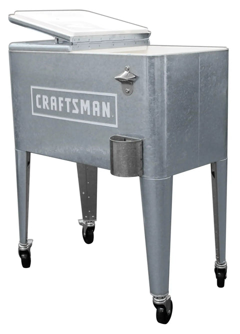 Craftsman 60-Quart Galvanized Cooler with Wheels for Outdoor Patio Porch Tailgates and Worksites, open lid, silver finish